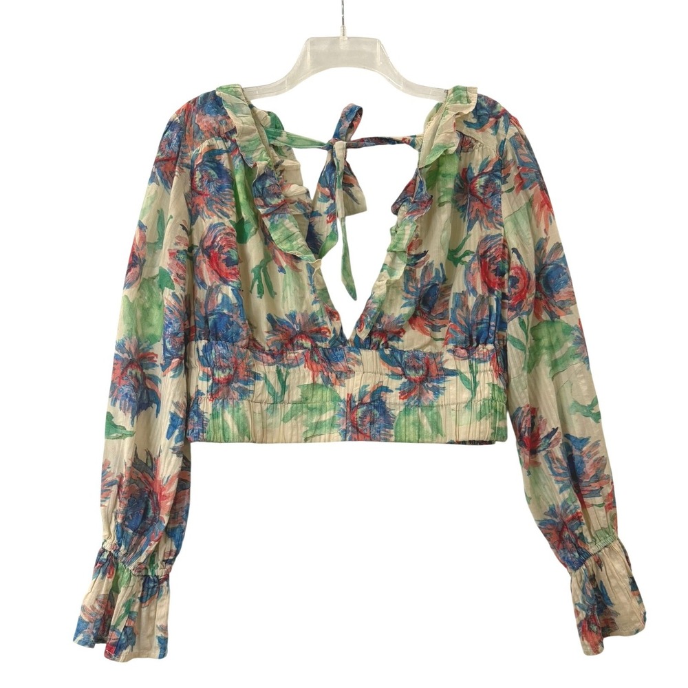 Anthropologie Floral Ruffle Crop Top Long Sleeve Open Back Tie Cotton Blouse M